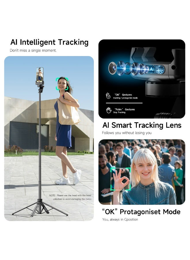 CiYatt 61.8‘’AI Cell Phone Stabilizer Gimbal with 360° Rotation, Automatic Face Tracking And Anti-Shake,  Selfie Sticks Quadrupod 157CM With Fill Light - Image 2